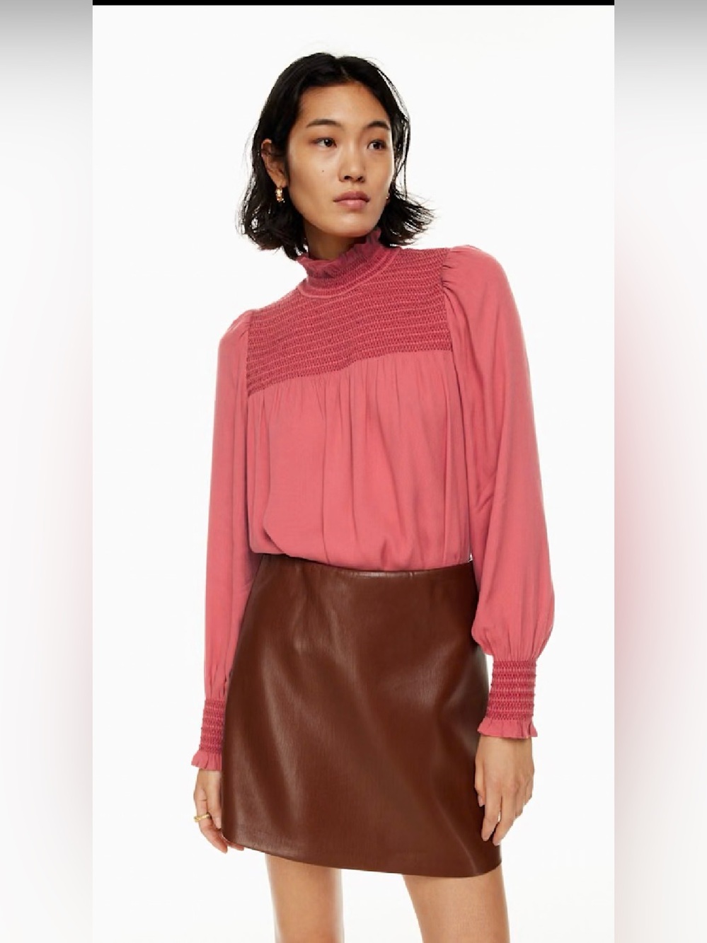 WILFRED (Aritzia) Nessie Smocked High-Neck Long-Sleeve Top in Rosy Red - S - EUC